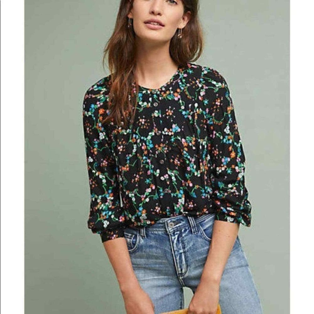 Anthropologie Maeve Avignon Floral Top Blouse Small Black Button - Picture 1 of 6